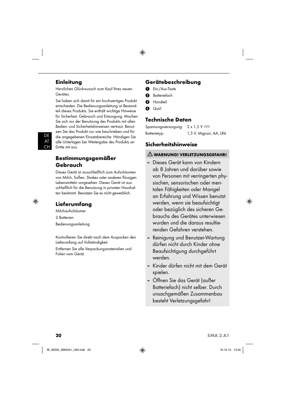 Einleitung, Bestimmungsgemäßer gebrauch, Lieferumfang | Gerätebeschreibung, Technische daten, Sicherheitshinweise, Kinder dürfen nicht mit dem gerät spielen | Silvercrest SMA 3 A1 User Manual | Page 23 / 28