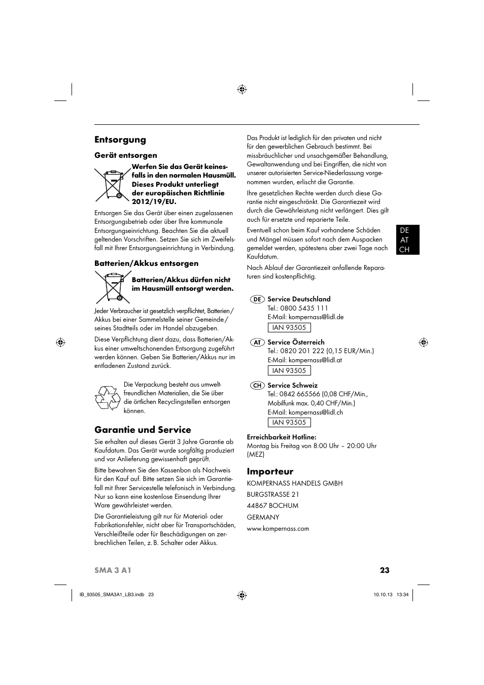 Entsorgung, Garantie und service, Importeur | Silvercrest SMA 3 A1 User Manual | Page 26 / 28