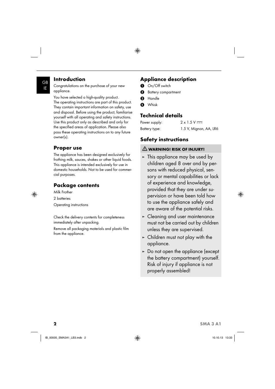 Introduction, Proper use, Package contents | Appliance description, Technical details, Safety instructions, Children must not play with the appliance | Silvercrest SMA 3 A1 User Manual | Page 5 / 28