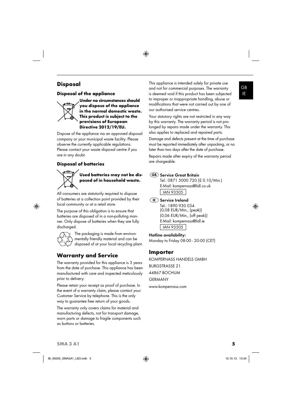 Disposal, Warranty and service, Importer | Silvercrest SMA 3 A1 User Manual | Page 8 / 28