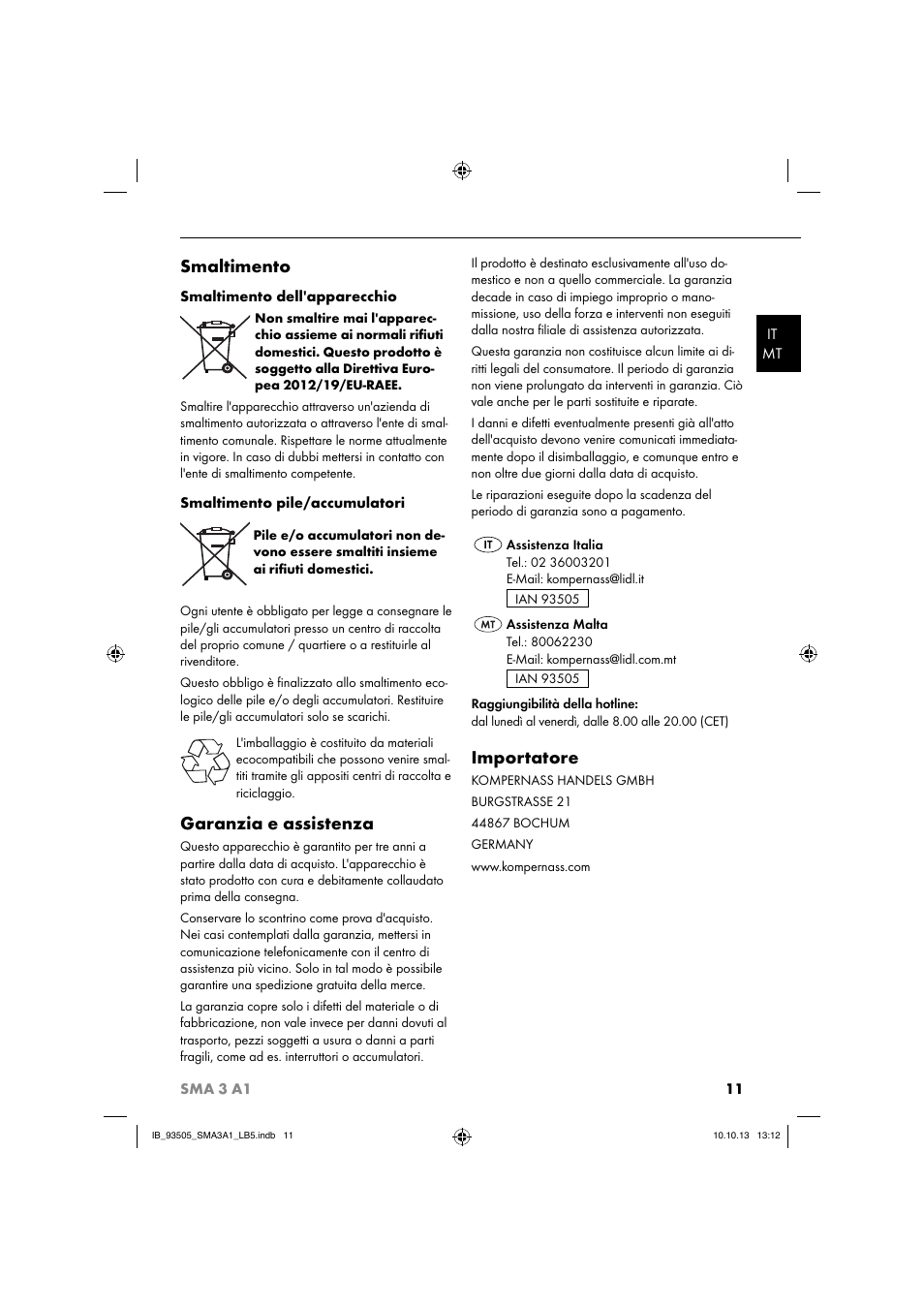 Smaltimento, Garanzia e assistenza, Importatore | Silvercrest SMA 3 A1 User Manual | Page 14 / 28