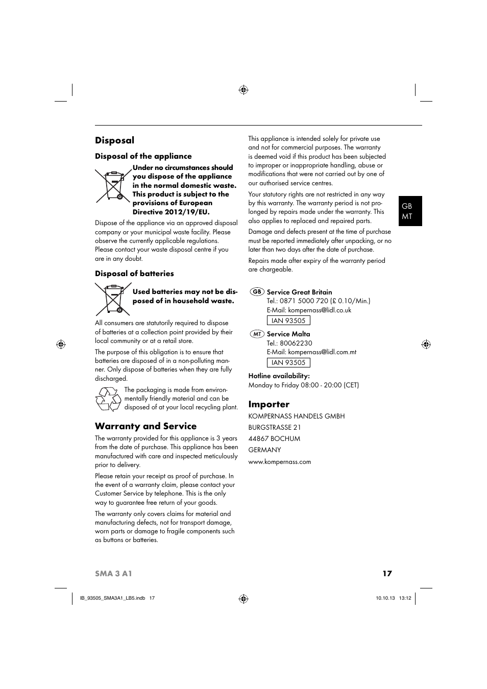 Disposal, Warranty and service, Importer | Silvercrest SMA 3 A1 User Manual | Page 20 / 28