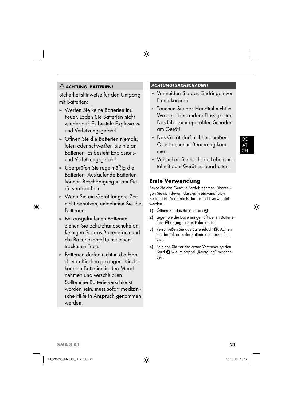 Sicherheitshinweise für den umgang mit batterien, Vermeiden sie das eindringen von fremdkörpern | Silvercrest SMA 3 A1 User Manual | Page 24 / 28