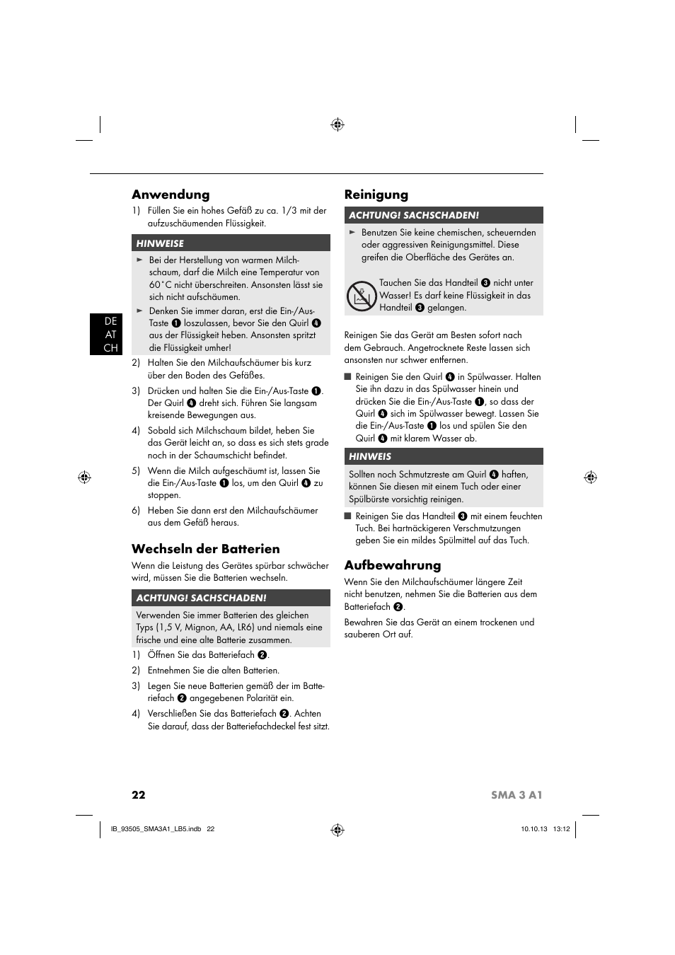 Anwendung, Wechseln der batterien, Reinigung | Aufbewahrung | Silvercrest SMA 3 A1 User Manual | Page 25 / 28