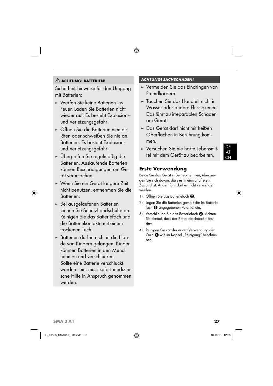 Sicherheitshinweise für den umgang mit batterien, Vermeiden sie das eindringen von fremdkörpern | Silvercrest SMA 3 A1 User Manual | Page 30 / 34