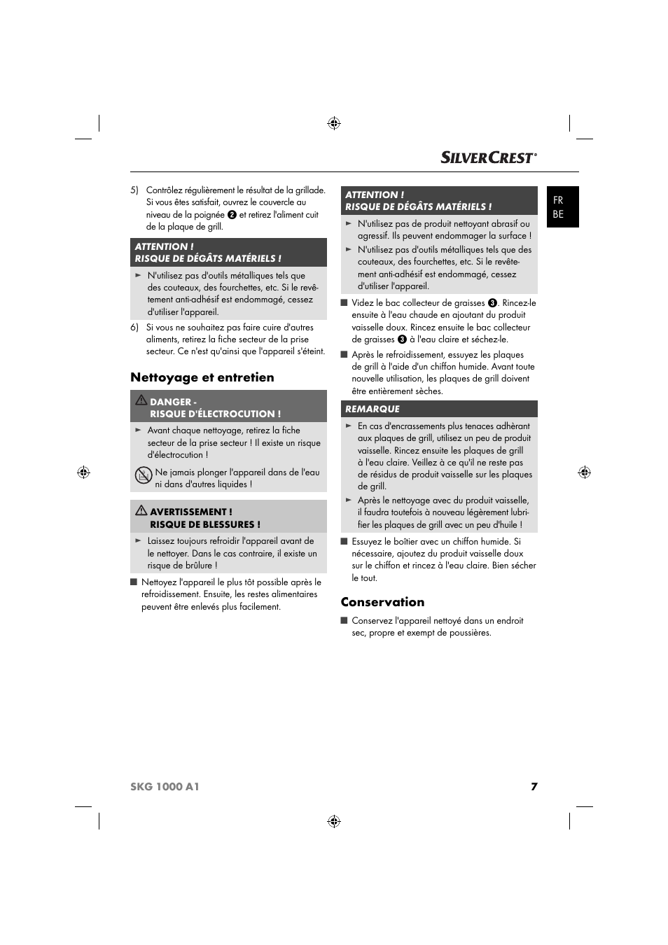 Nettoyage et entretien, Conservation | Silvercrest SKG 1000 A1 User Manual | Page 10 / 33