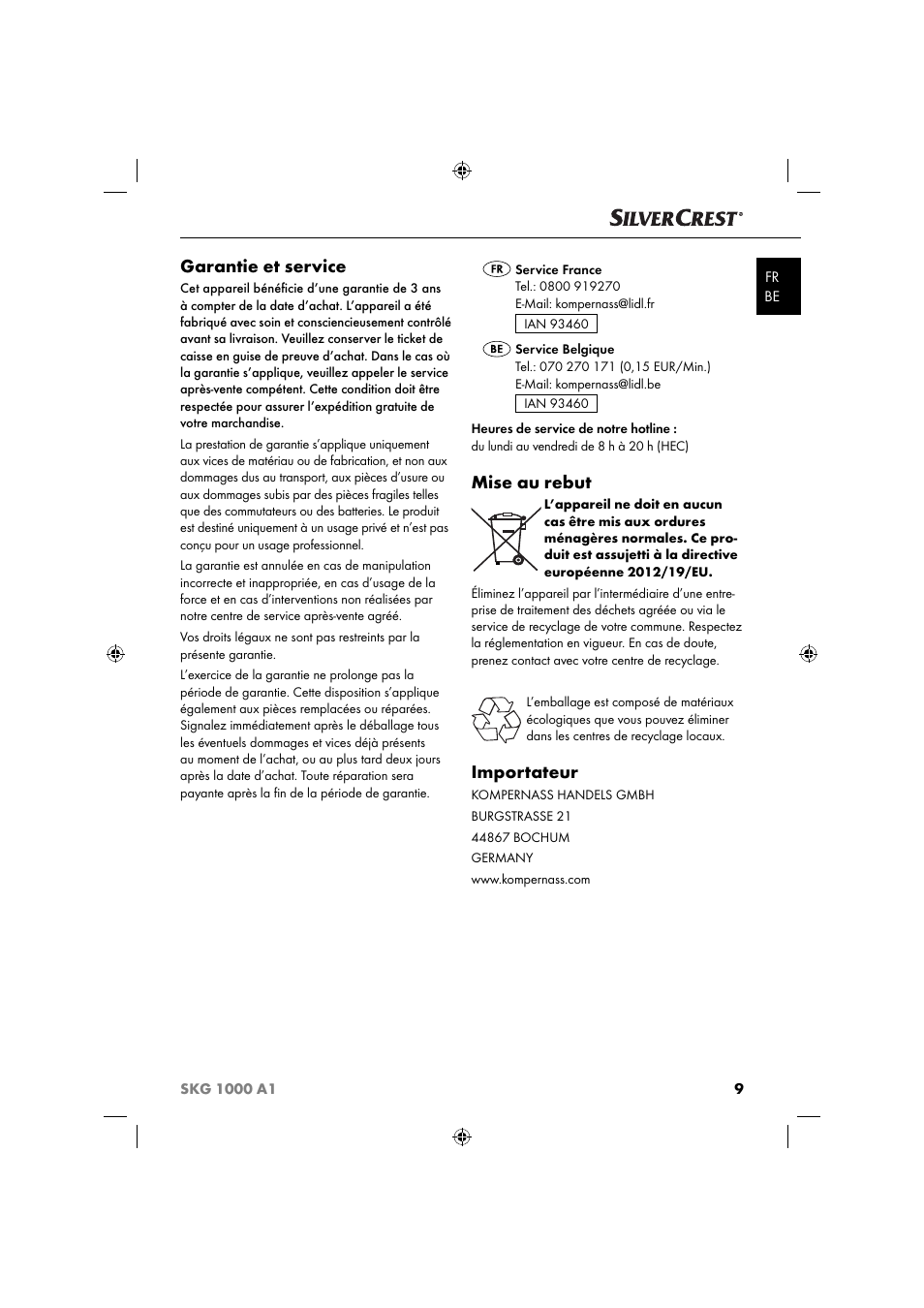 Garantie et service, Mise au rebut, Importateur | Silvercrest SKG 1000 A1 User Manual | Page 12 / 33