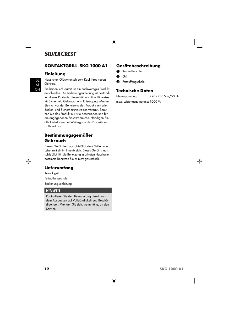 Bestimmungsgemäßer gebrauch, Lieferumfang, Gerätebeschreibung | Technische daten | Silvercrest SKG 1000 A1 User Manual | Page 15 / 33