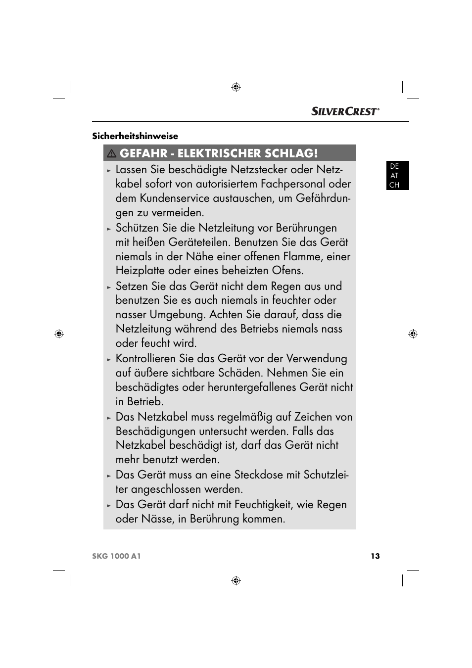 Gefahr - elektrischer schlag | Silvercrest SKG 1000 A1 User Manual | Page 16 / 33