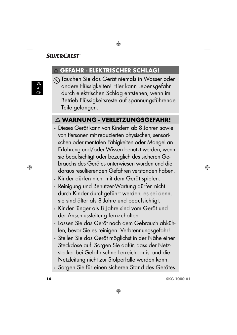 Kinder dürfen nicht mit dem gerät spielen, Sorgen sie für einen sicheren stand des gerätes | Silvercrest SKG 1000 A1 User Manual | Page 17 / 33