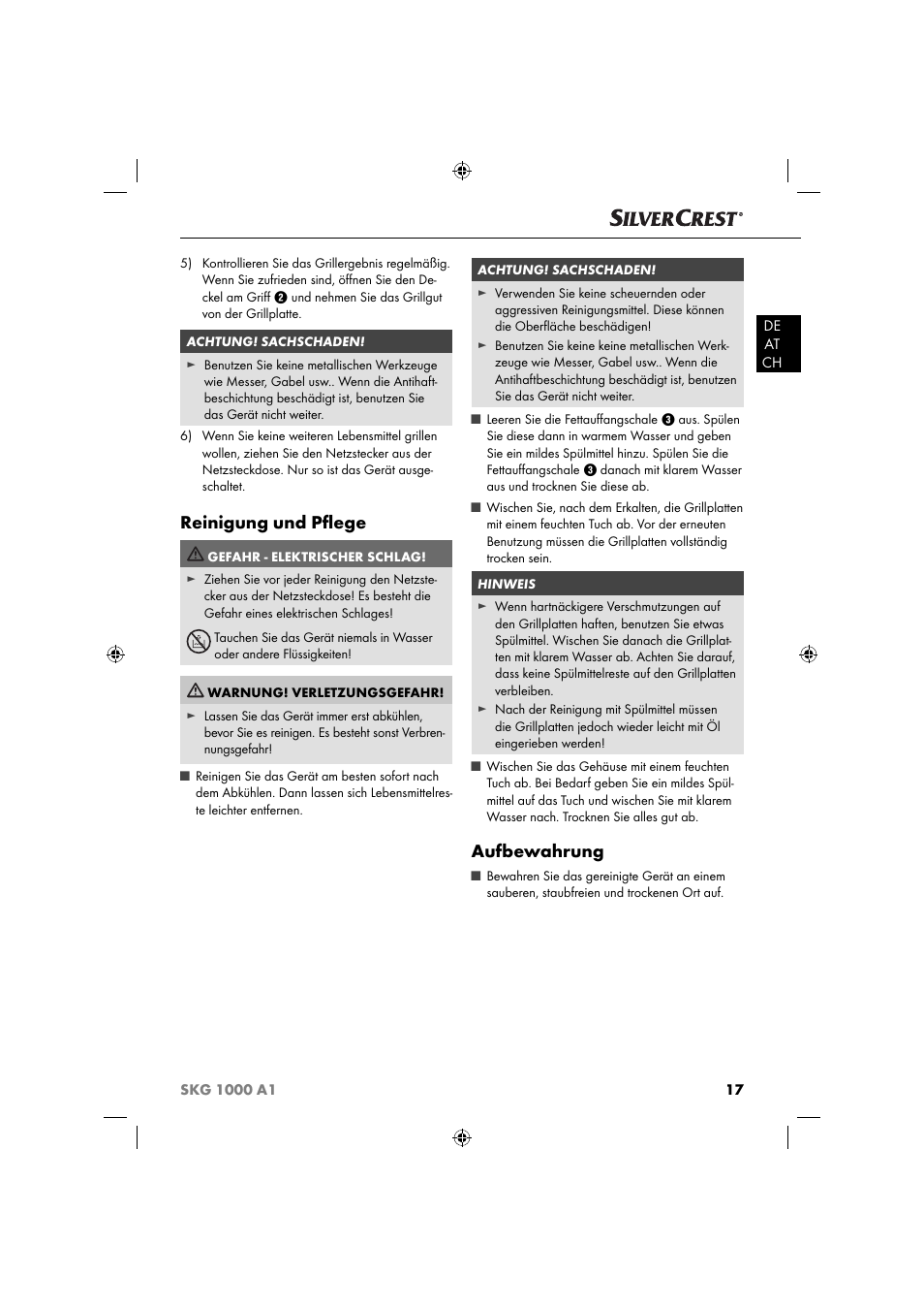 Reinigung und pﬂ ege, Aufbewahrung | Silvercrest SKG 1000 A1 User Manual | Page 20 / 33