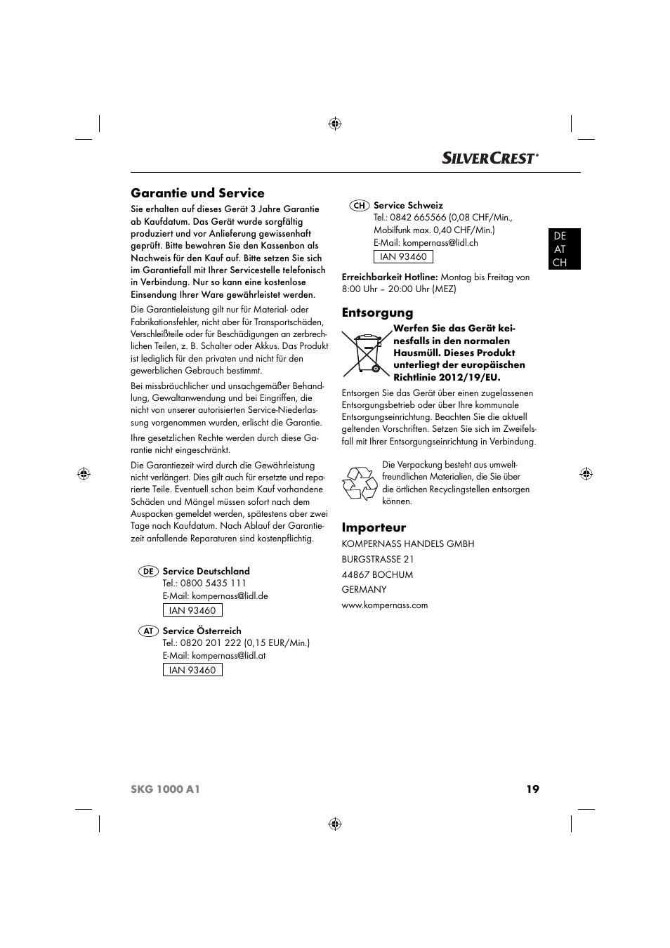 Garantie und service, Entsorgung, Importeur | Silvercrest SKG 1000 A1 User Manual | Page 22 / 33