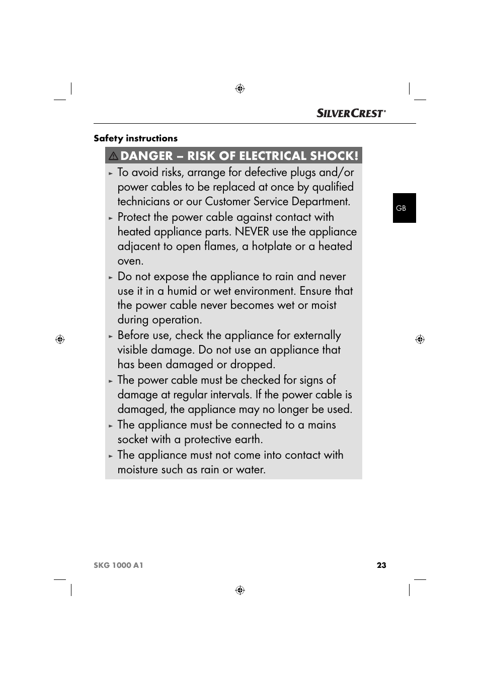 Danger – risk of electrical shock | Silvercrest SKG 1000 A1 User Manual | Page 26 / 33