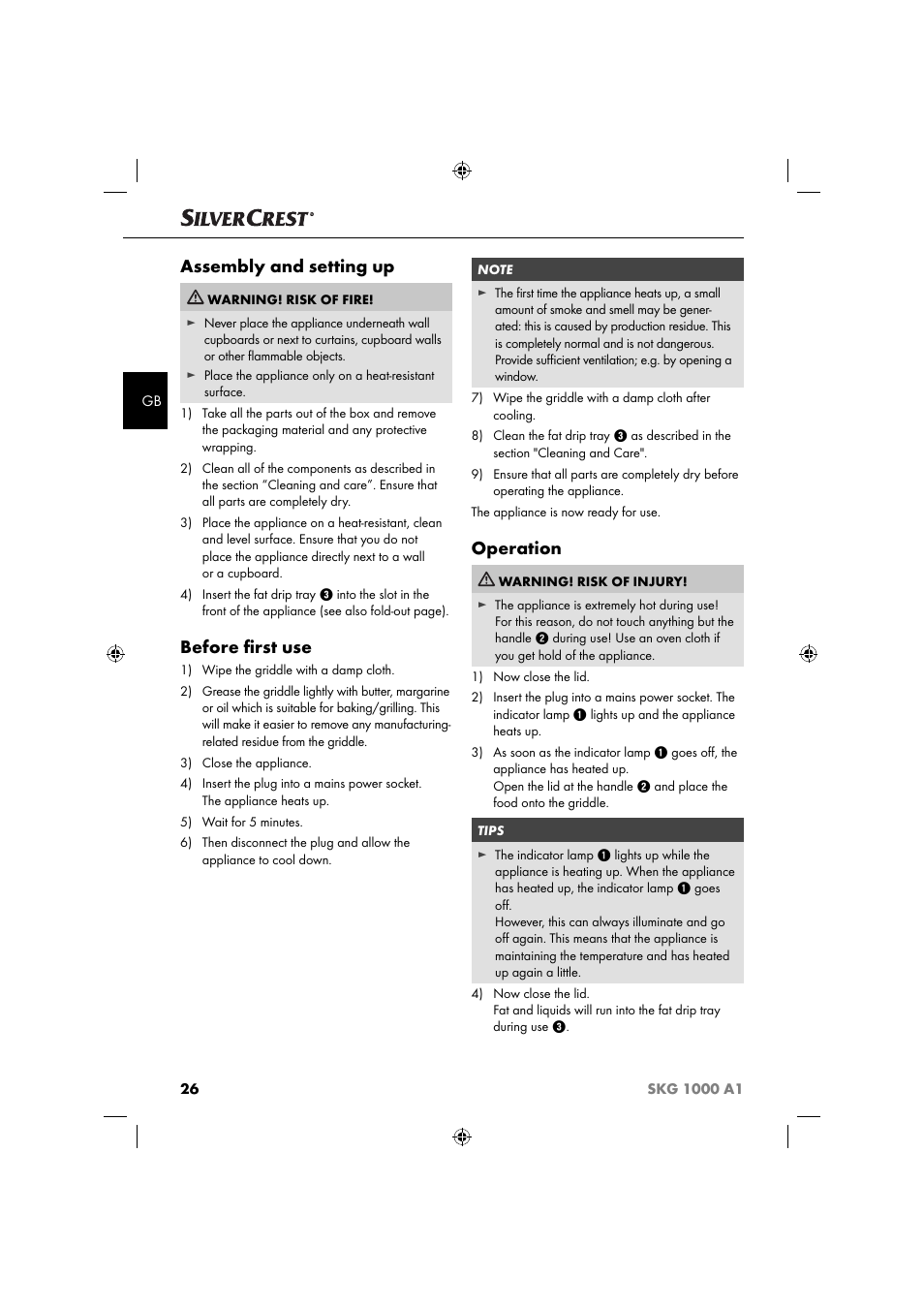 Assembly and setting up, Before ﬁ rst use, Operation | Silvercrest SKG 1000 A1 User Manual | Page 29 / 33