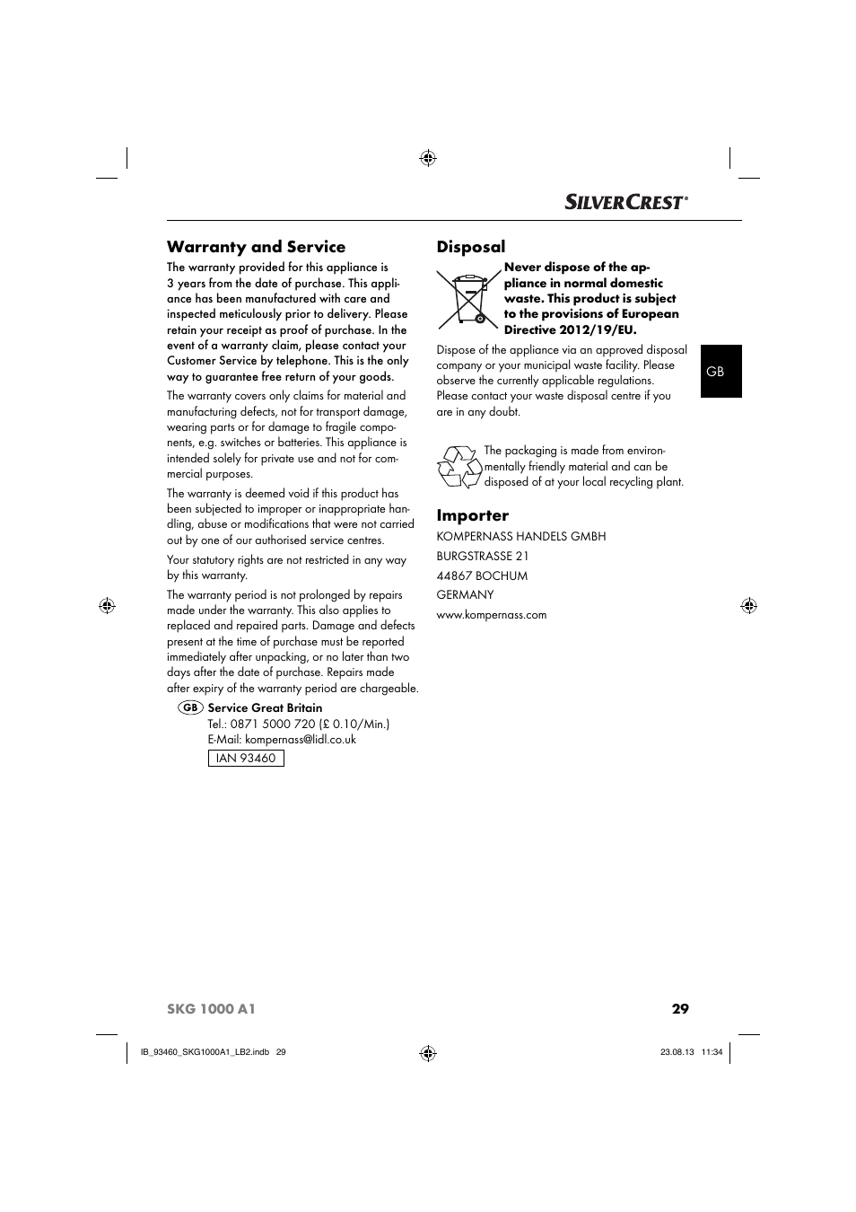 Warranty and service, Disposal, Importer | Silvercrest SKG 1000 A1 User Manual | Page 32 / 33