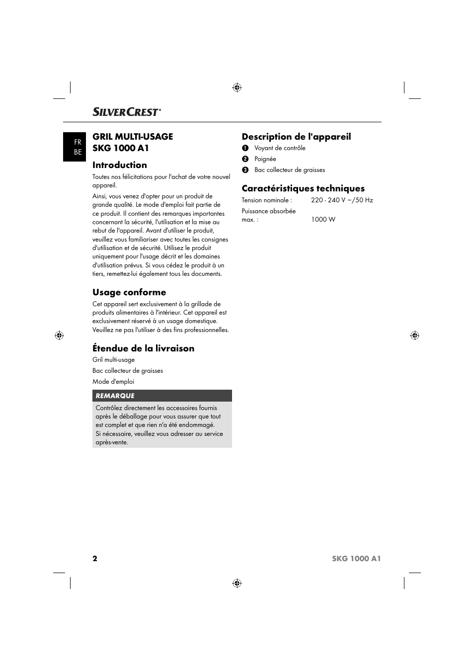 Usage conforme, Étendue de la livraison, Description de l'appareil | Caractéristiques techniques | Silvercrest SKG 1000 A1 User Manual | Page 5 / 33