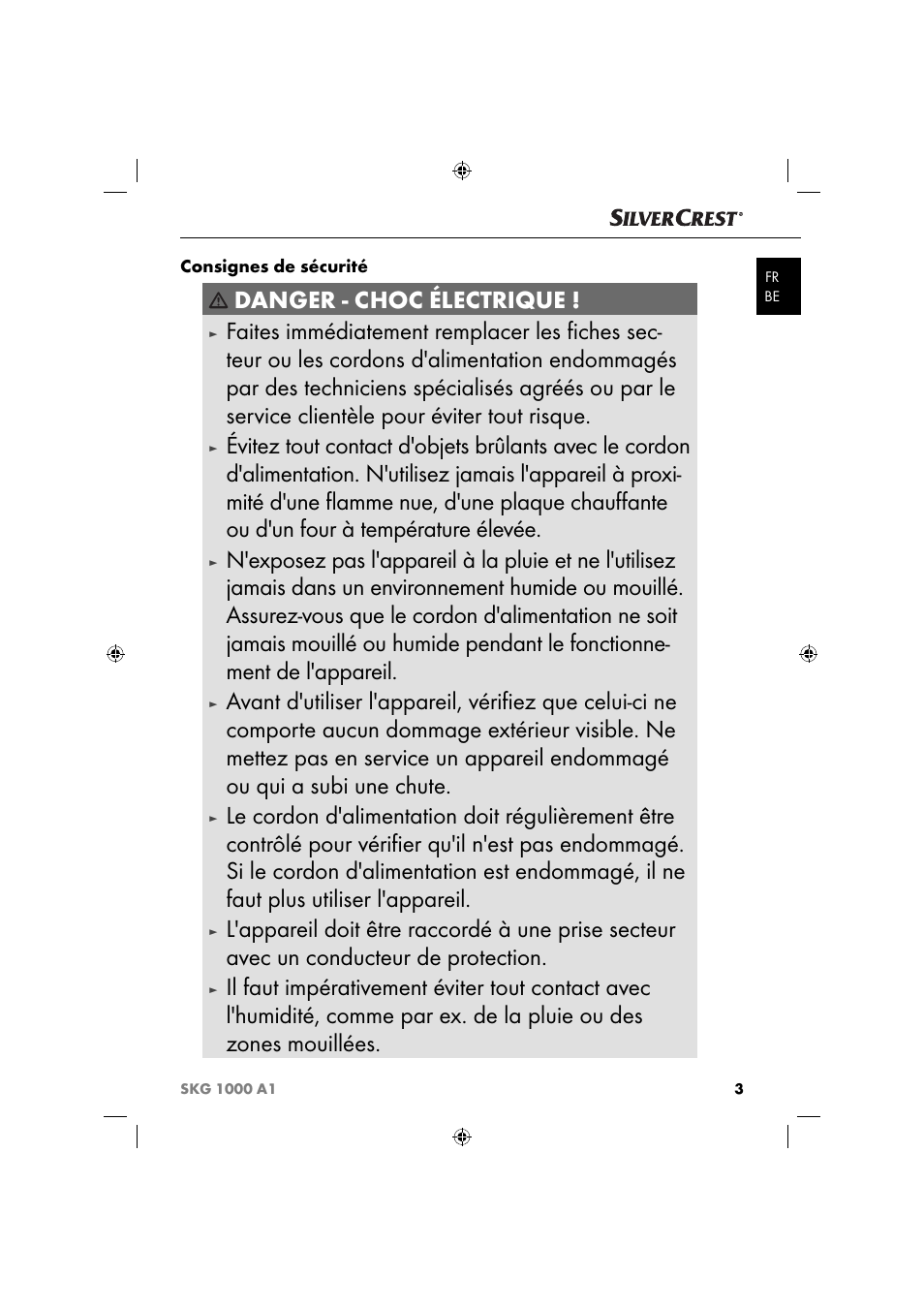 Danger - choc électrique | Silvercrest SKG 1000 A1 User Manual | Page 6 / 33