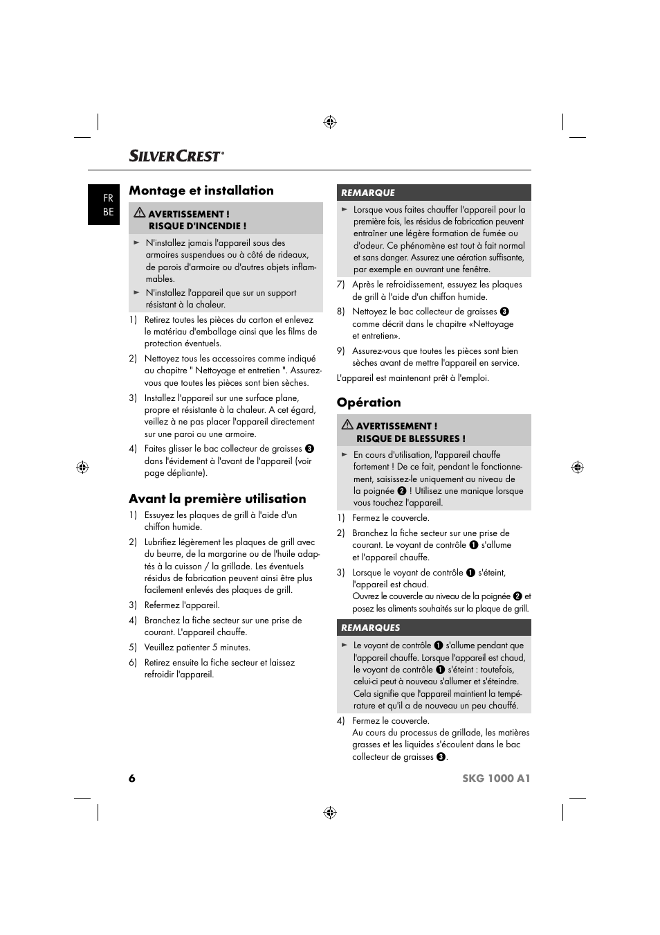Montage et installation, Avant la première utilisation, Opération | Silvercrest SKG 1000 A1 User Manual | Page 9 / 33