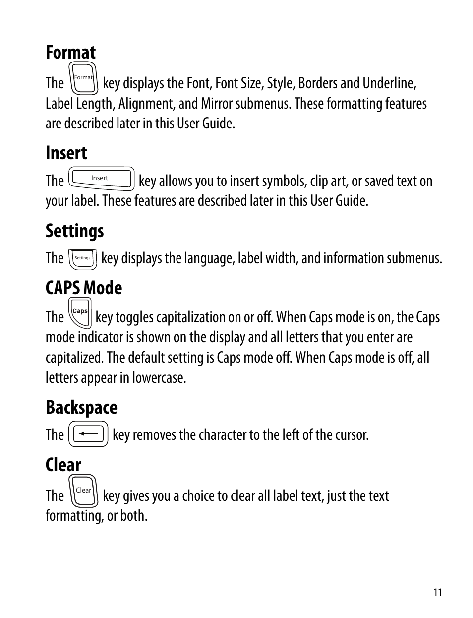 Format, Insert, Settings | Caps mode, Backspace, Clear, Format insert settings caps mode backspace clear | Dymo 360D User Manual | Page 11 / 30