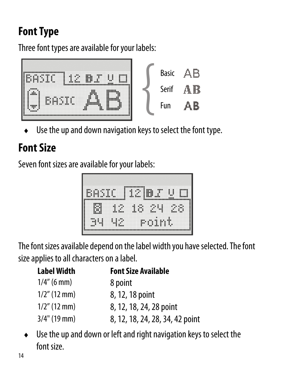 Font type, Font size, Font type font size | Dymo 360D User Manual | Page 14 / 30