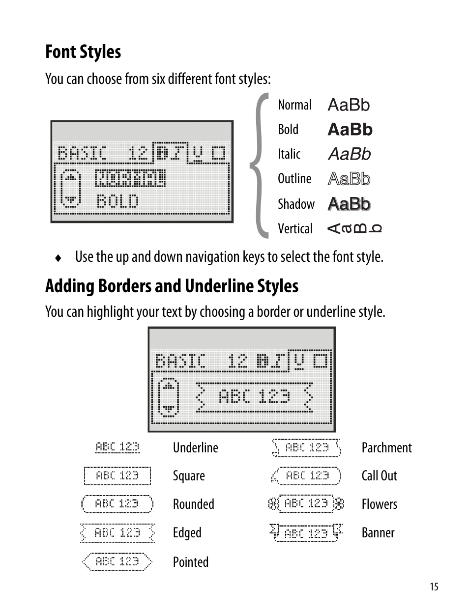 Font styles, Adding borders and underline styles, Font styles adding borders and underline styles | Dymo 360D User Manual | Page 15 / 30