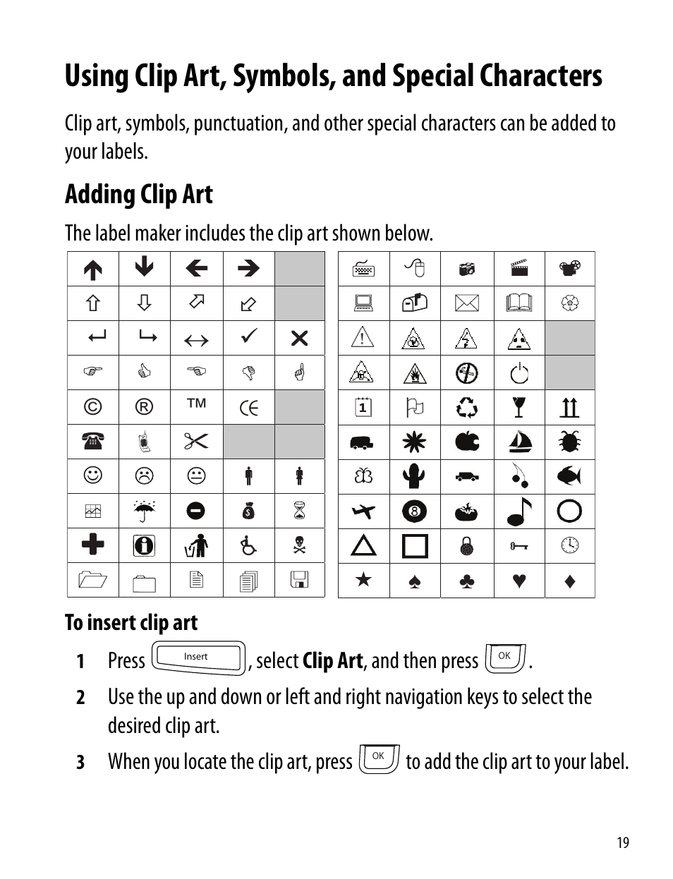 Using clip art, symbols, and special characters, Adding clip art | Dymo 360D User Manual | Page 19 / 30