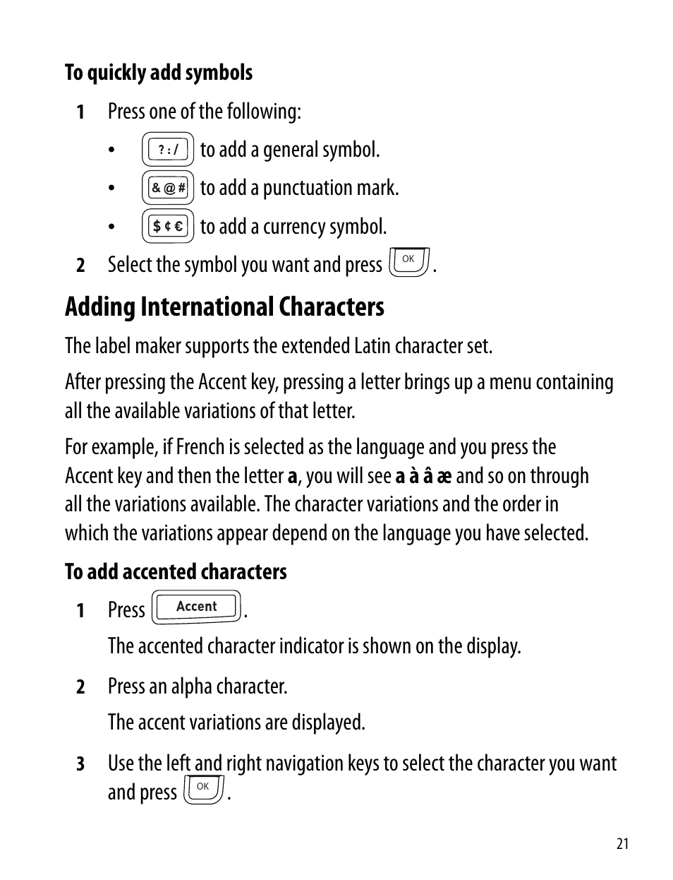 Adding international characters | Dymo 360D User Manual | Page 21 / 30