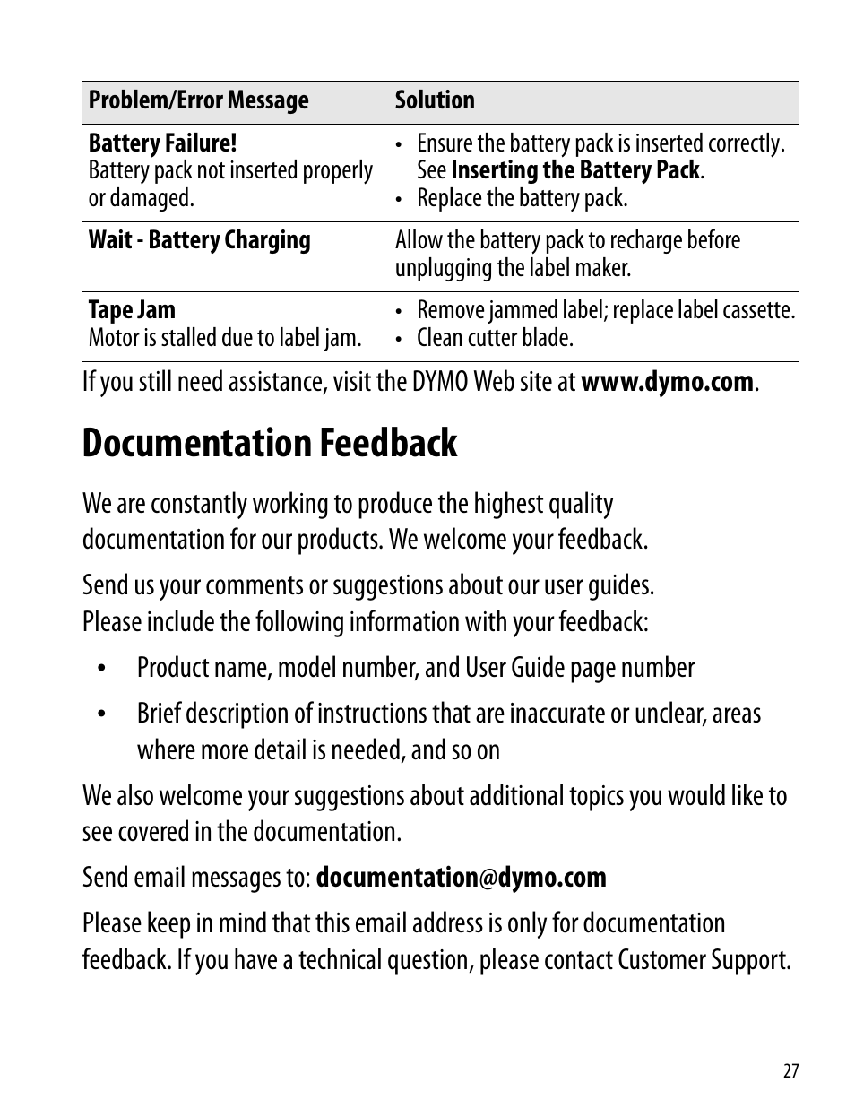 Documentation feedback | Dymo 360D User Manual | Page 27 / 30