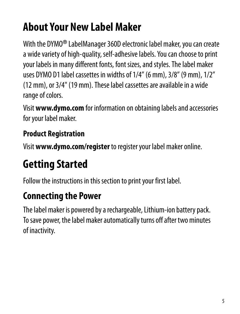 About your new label maker, Product registration, Getting started | Connecting the power | Dymo 360D User Manual | Page 5 / 30