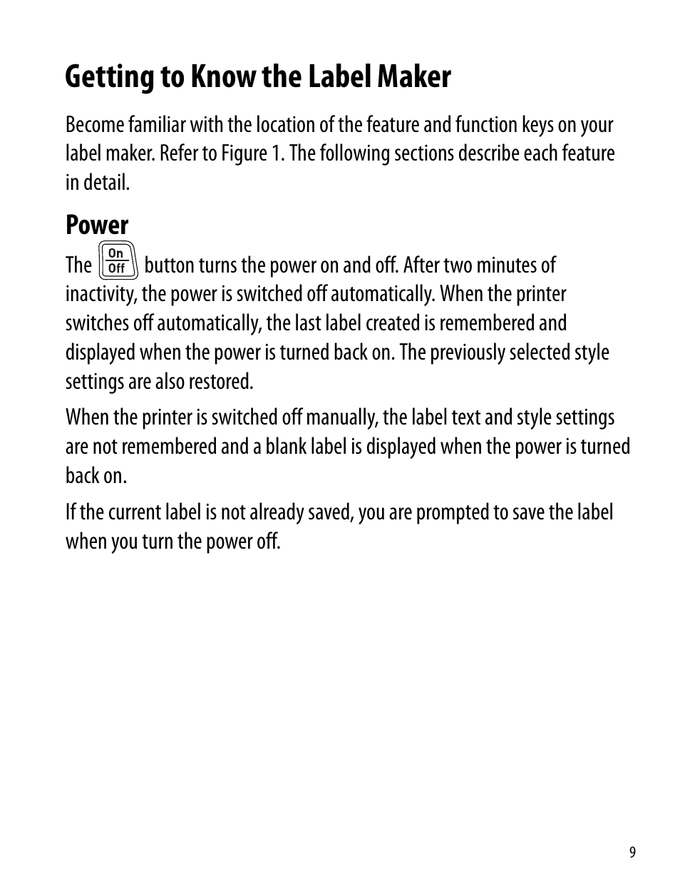 Getting to know the label maker, Power | Dymo 360D User Manual | Page 9 / 30