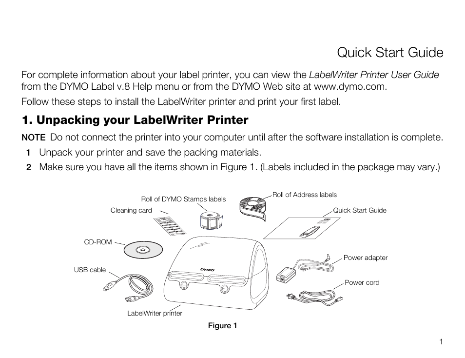 Quick start guide, Unpacking your labelwriter printer, Unpack your printer and save the packing materials | Dymo 450 TWIN TURBO User Manual | Page 3 / 14