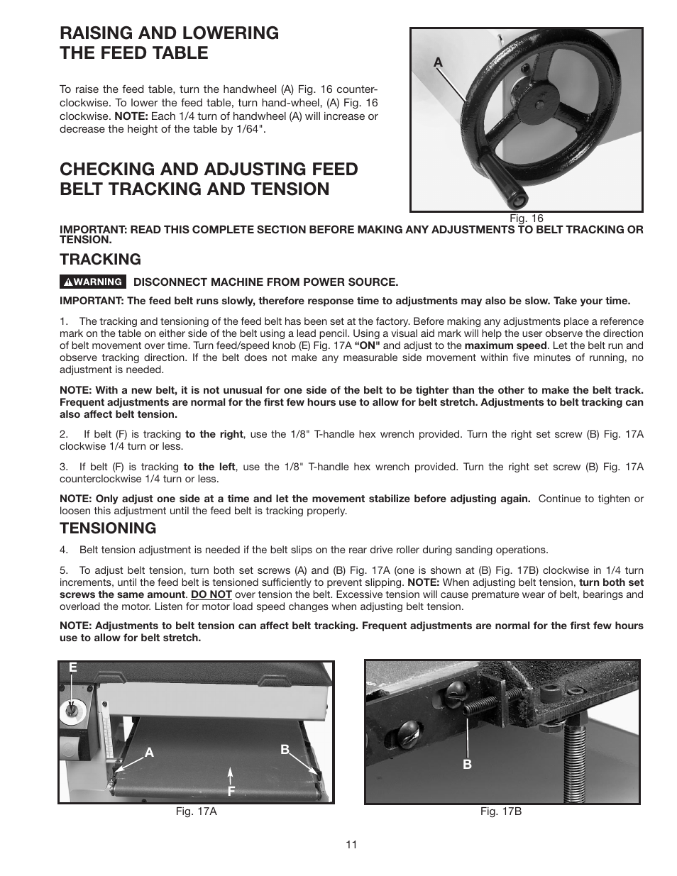 Raising and lowering the feed table, Tracking, Tensioning | Dymo 31-250 User Manual | Page 11 / 24