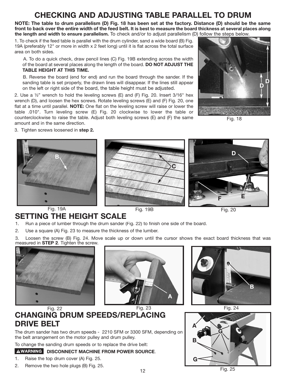 Setting the height scale, Checking and adjusting table parallel to drum, Changing drum speeds/replacing drive belt | Dymo 31-250 User Manual | Page 12 / 24