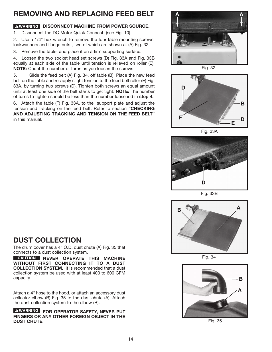 Dust collection, Removing and replacing feed belt | Dymo 31-250 User Manual | Page 14 / 24