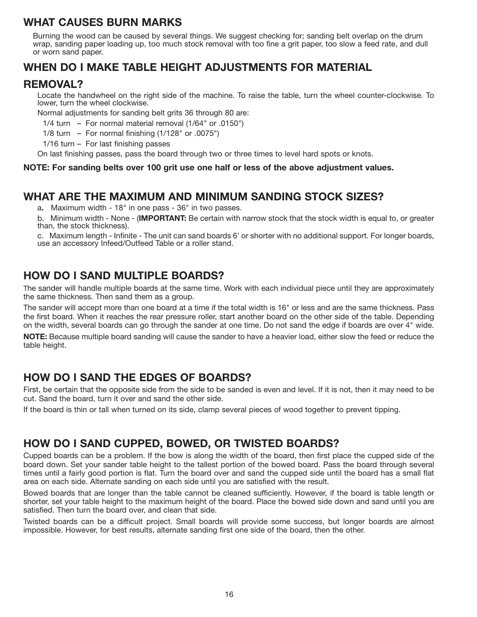 What causes burn marks, How do i sand multiple boards, How do i sand the edges of boards | How do i sand cupped, bowed, or twisted boards | Dymo 31-250 User Manual | Page 16 / 24