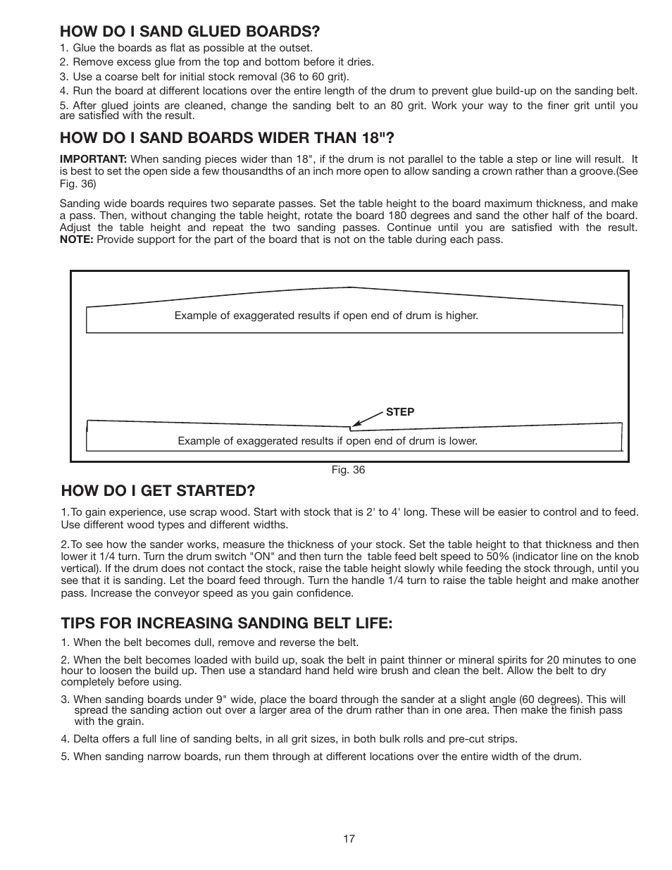 How do i sand glued boards, How do i sand boards wider than 18, How do i get started | Tips for increasing sanding belt life | Dymo 31-250 User Manual | Page 17 / 24