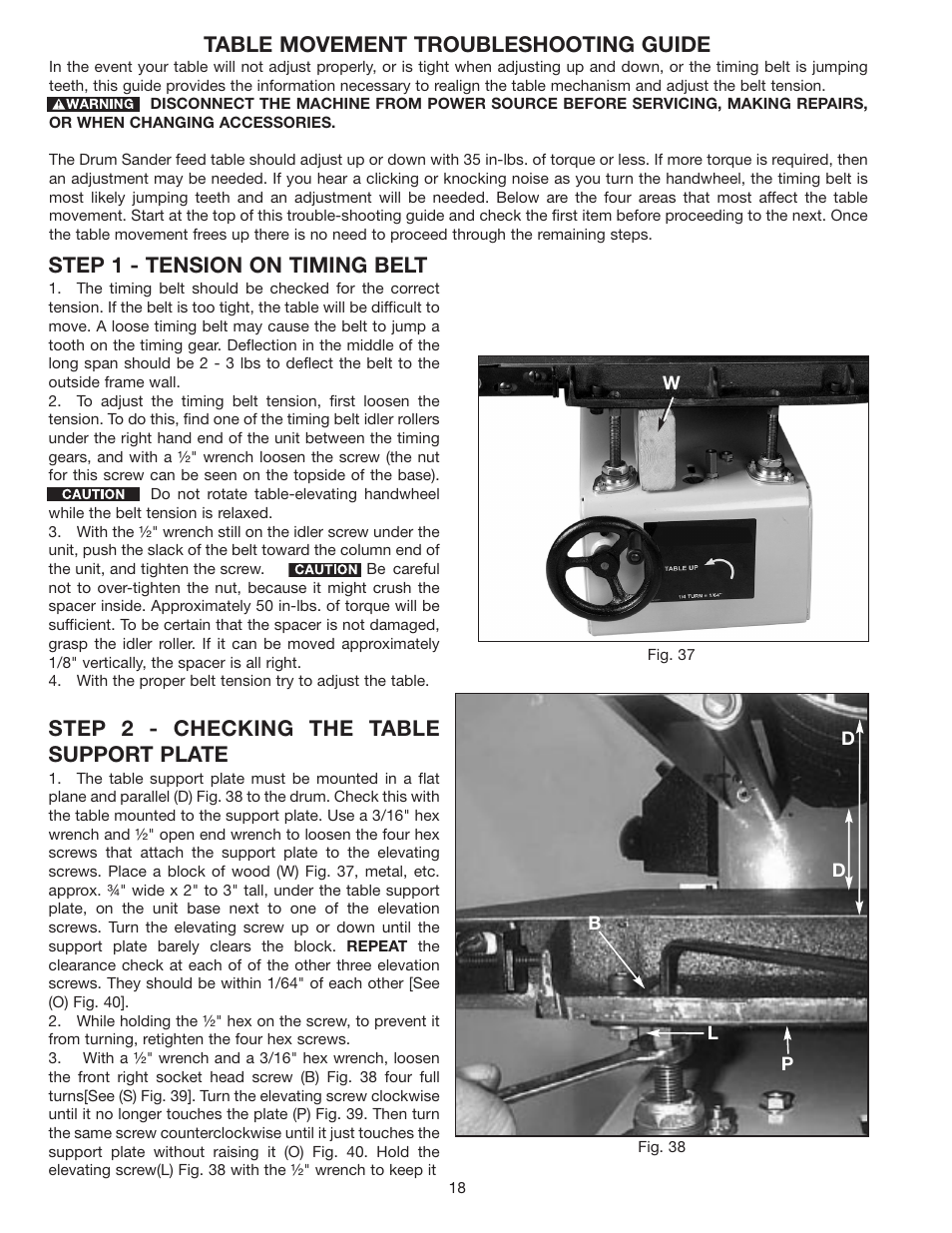 Step 1 - tension on timing belt, Step 2 - checking the table support plate, Table movement troubleshooting guide | Dymo 31-250 User Manual | Page 18 / 24