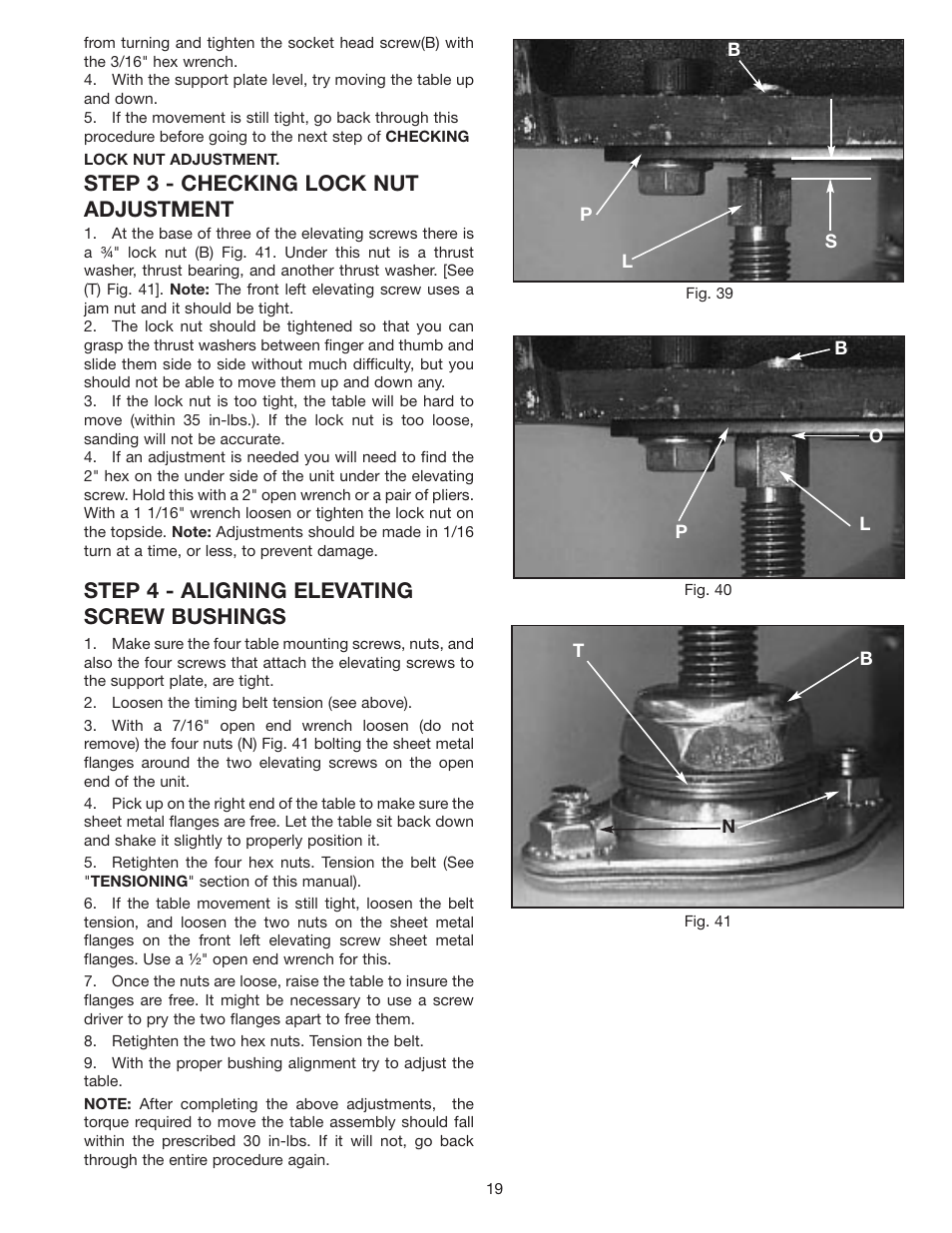 Step 3 - checking lock nut adjustment, Step 4 - aligning elevating screw bushings | Dymo 31-250 User Manual | Page 19 / 24