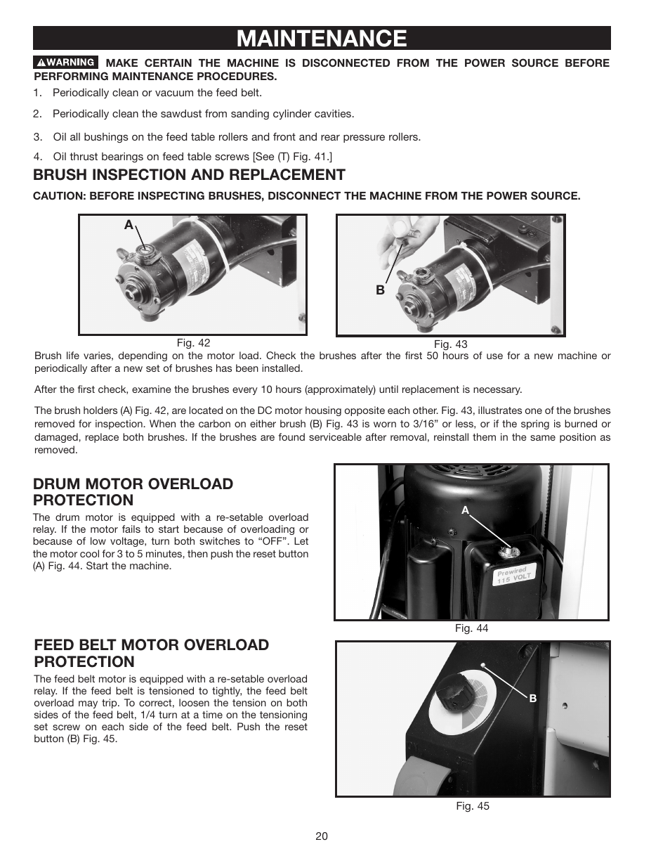 Maintenance, Brush inspection and replacement, Drum motor overload protection | Feed belt motor overload protection | Dymo 31-250 User Manual | Page 20 / 24