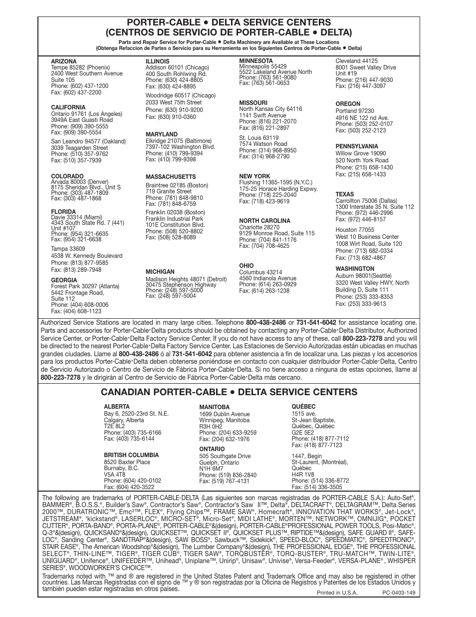 Porter-cable, Delta), Canadian porter-cable | Delta service centers | Dymo 31-250 User Manual | Page 24 / 24