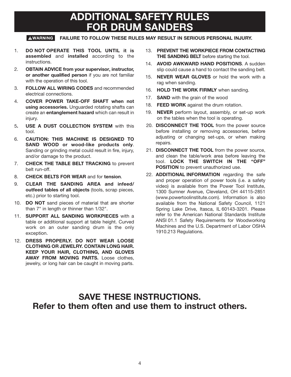 Additional safety rules for drum sanders | Dymo 31-250 User Manual | Page 4 / 24
