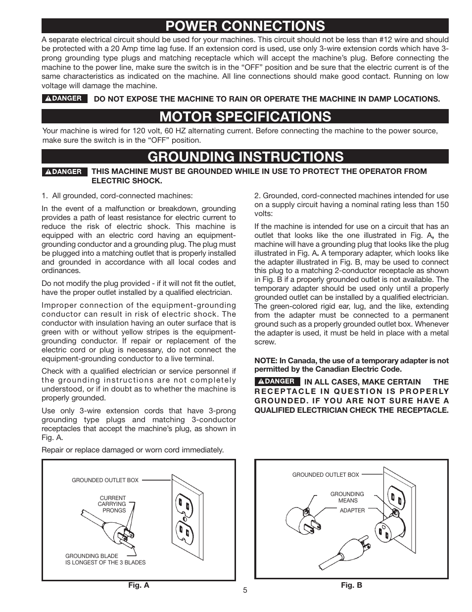 Power connections motor specifications, Grounding instructions | Dymo 31-250 User Manual | Page 5 / 24