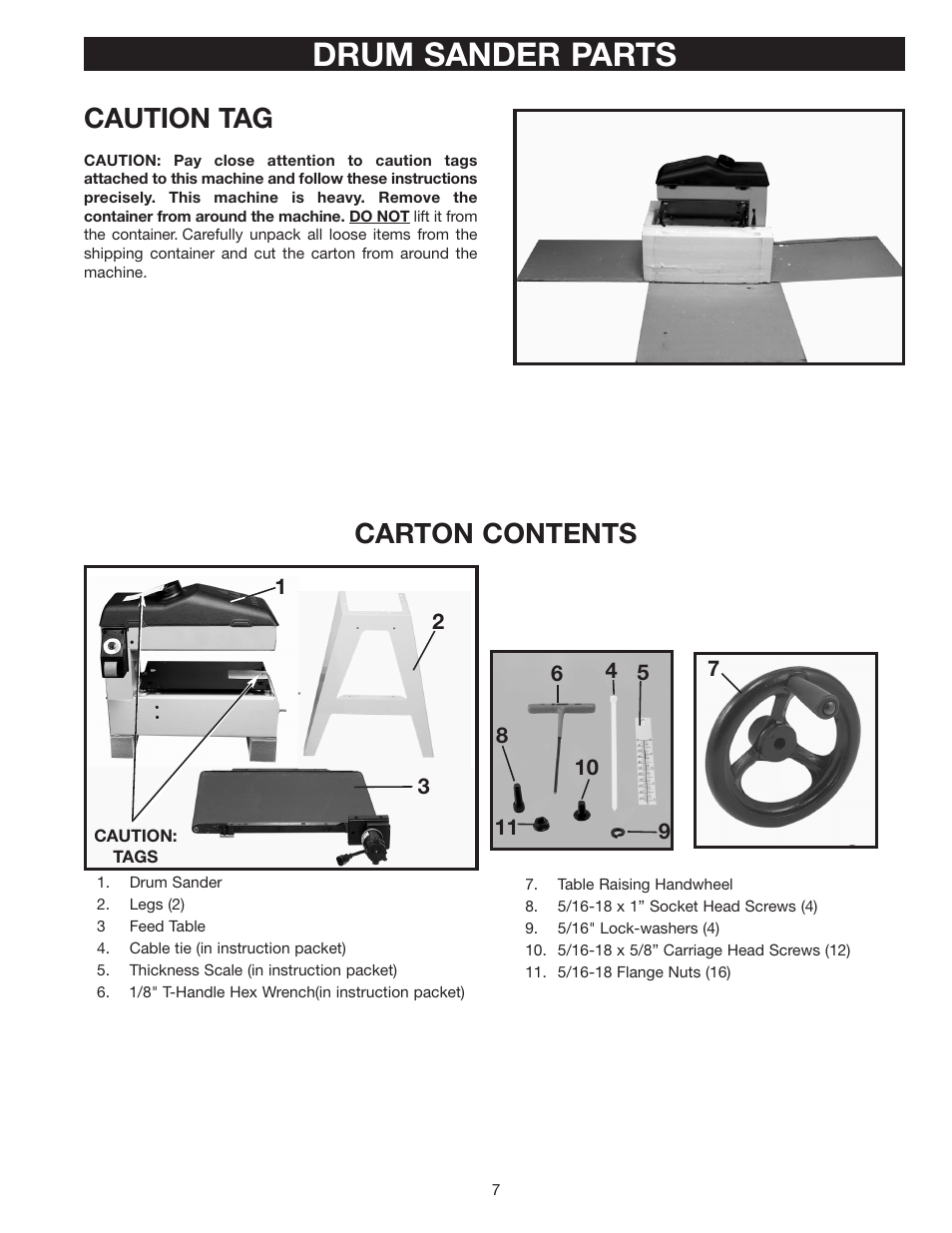 Drum sander parts, Caution tag, Carton contents | Dymo 31-250 User Manual | Page 7 / 24