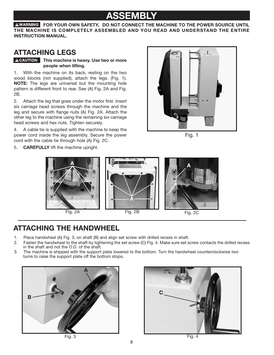 Assembly, Attaching legs, Attaching the handwheel | Dymo 31-250 User Manual | Page 8 / 24