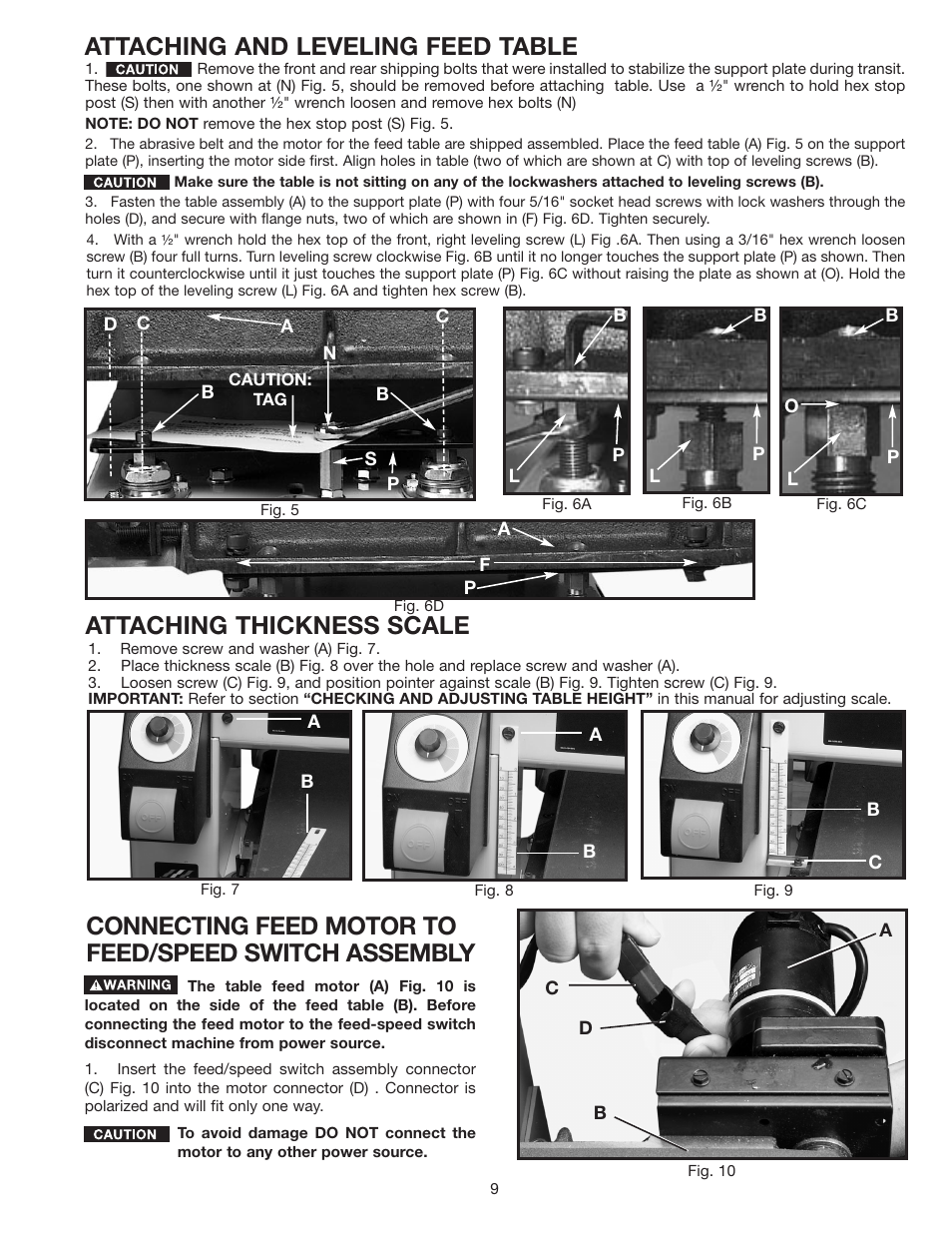 Attaching thickness scale, Attaching and leveling feed table | Dymo 31-250 User Manual | Page 9 / 24