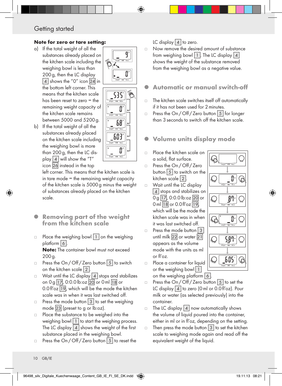 Getting started, Removing part of the weight from the kitchen scale, Automatic or manual switch-off | Volume units display mode | Silvercrest Z29852A/Z29852B User Manual | Page 10 / 67