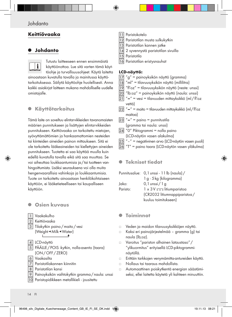Johdanto, Keittiövaaka, Käyttötarkoitus | Osien kuvaus, Tekniset tiedot, Toiminnot | Silvercrest Z29852A/Z29852B User Manual | Page 14 / 67
