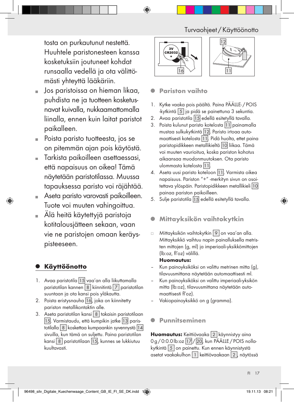 Turvaohjeet / käyttöönotto, Käyttöönotto, Pariston vaihto | Mittayksikön vaihtokytkin, Punnitseminen | Silvercrest Z29852A/Z29852B User Manual | Page 17 / 67