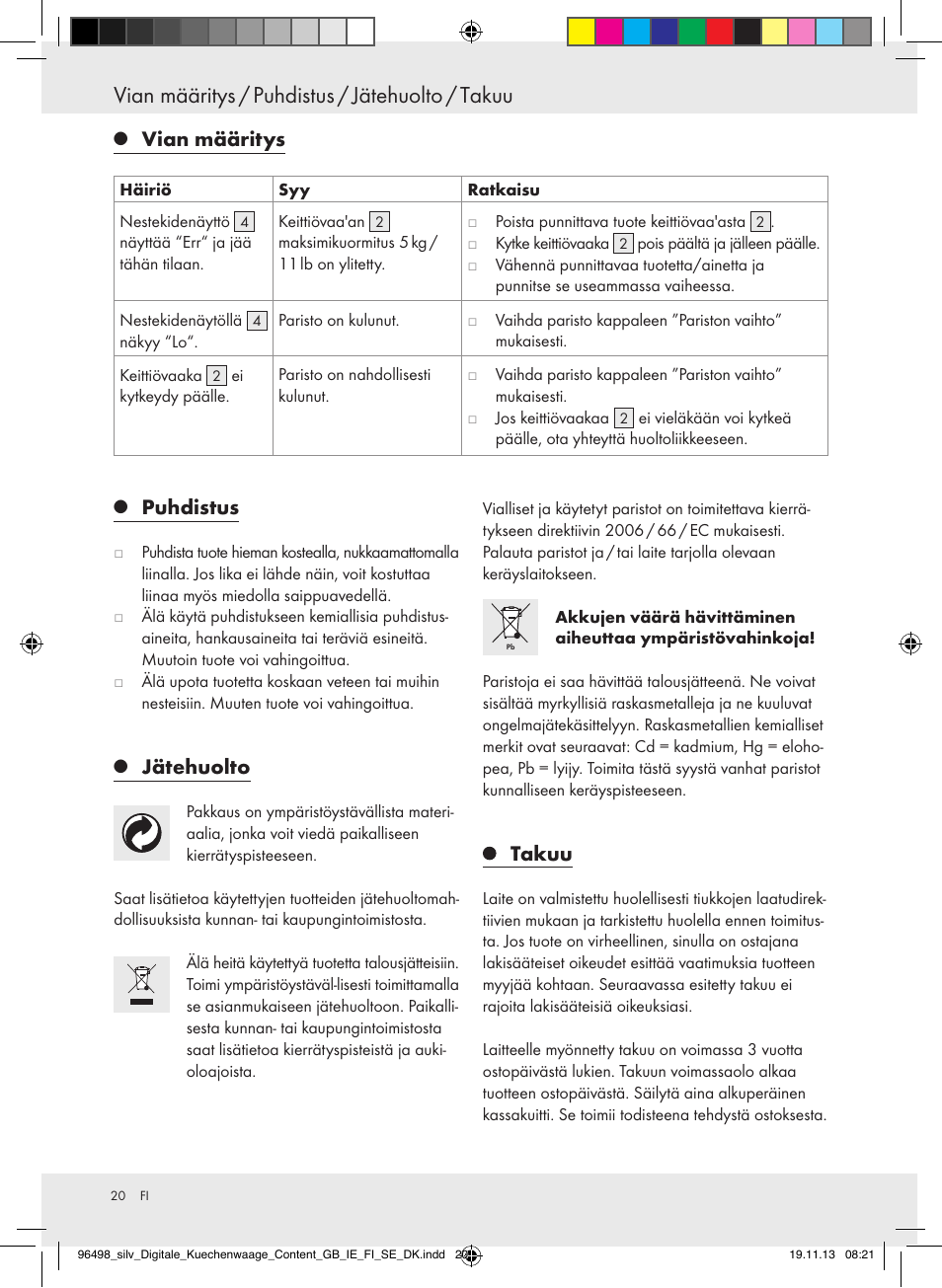 Vian määritys / puhdistus / jätehuolto / takuu, Puhdistus, Jätehuolto | Takuu, Vian määritys | Silvercrest Z29852A/Z29852B User Manual | Page 20 / 67