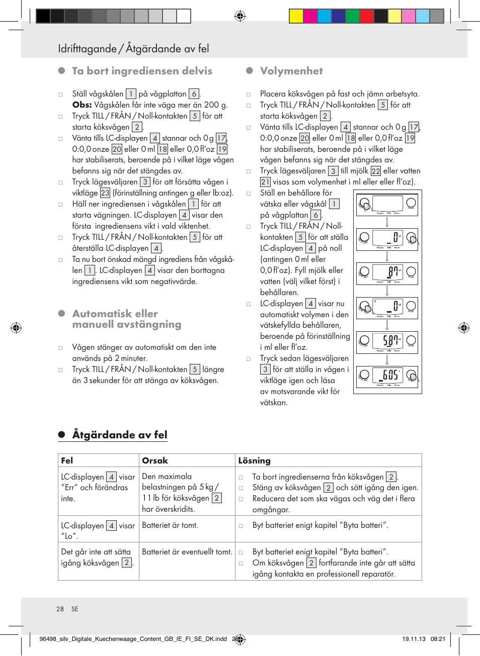Idrifttagande / åtgärdande av fel, Ta bort ingrediensen delvis, Automatisk eller manuell avstängning | Volymenhet, Åtgärdande av fel | Silvercrest Z29852A/Z29852B User Manual | Page 28 / 67